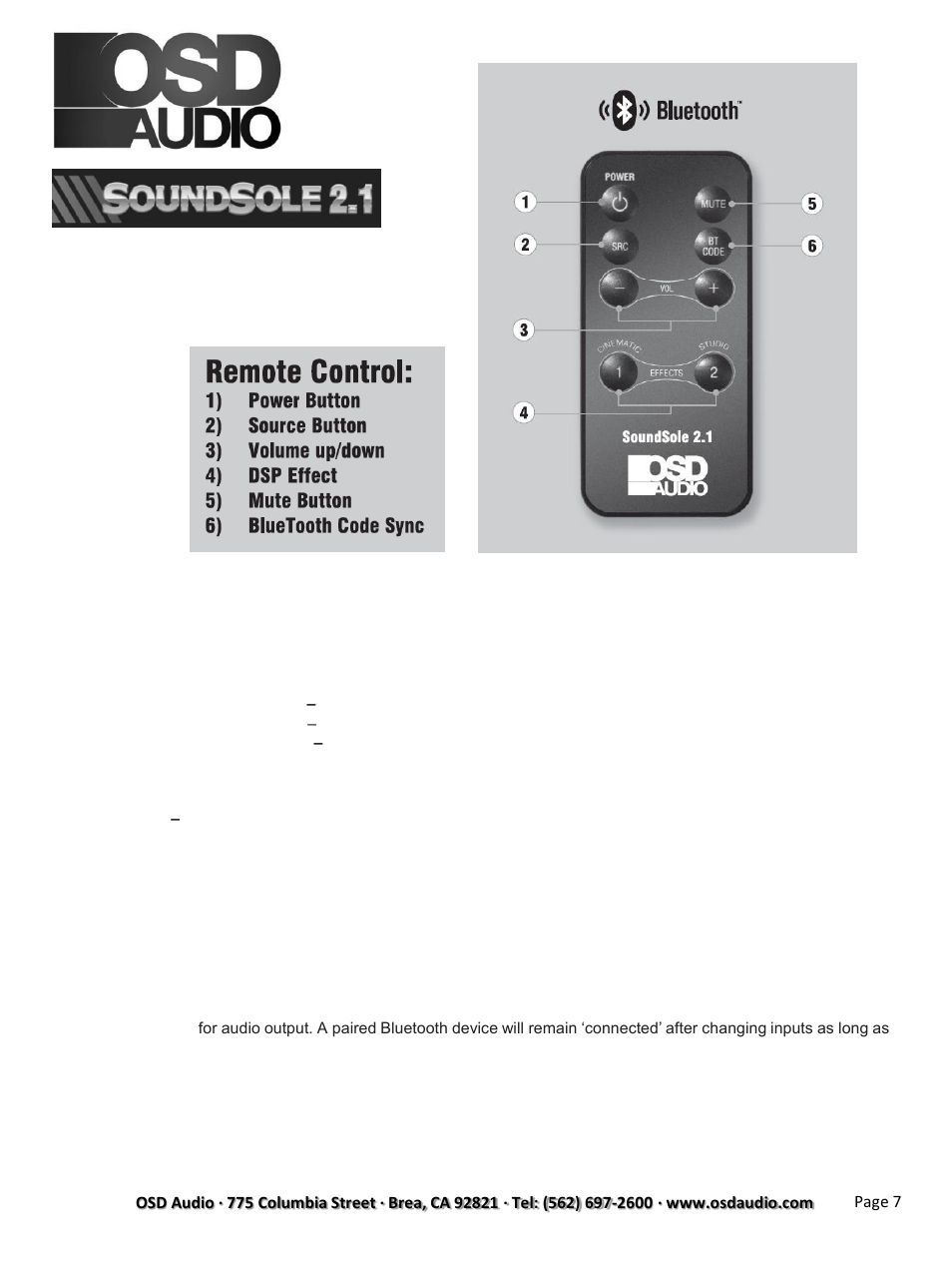 Ir remote control | OSD Audio Soundsole 2.1 User Manual | Page 7 / 12