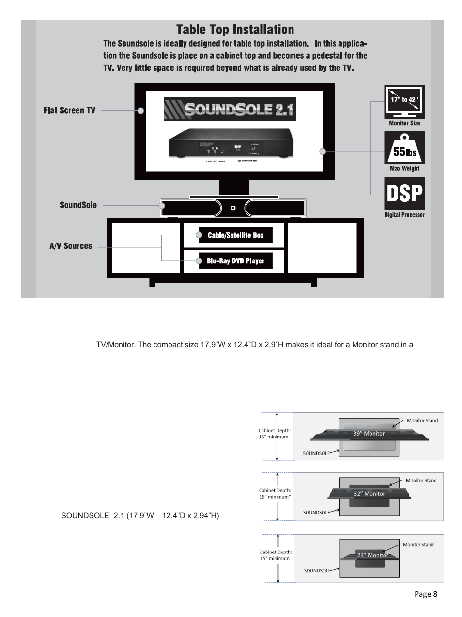 Cabinet installation, Desk/table top installation, Down-firing woofers | OSD Audio Soundsole 2.1 User Manual | Page 8 / 12