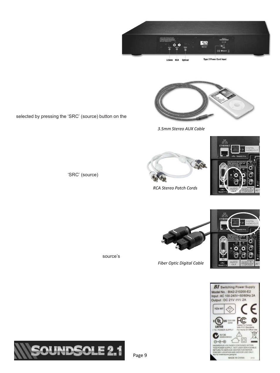 Audio connections, 5mm aux input, Optical digital audio | L&r audio, External power supply | OSD Audio Soundsole 2.1 User Manual | Page 9 / 12