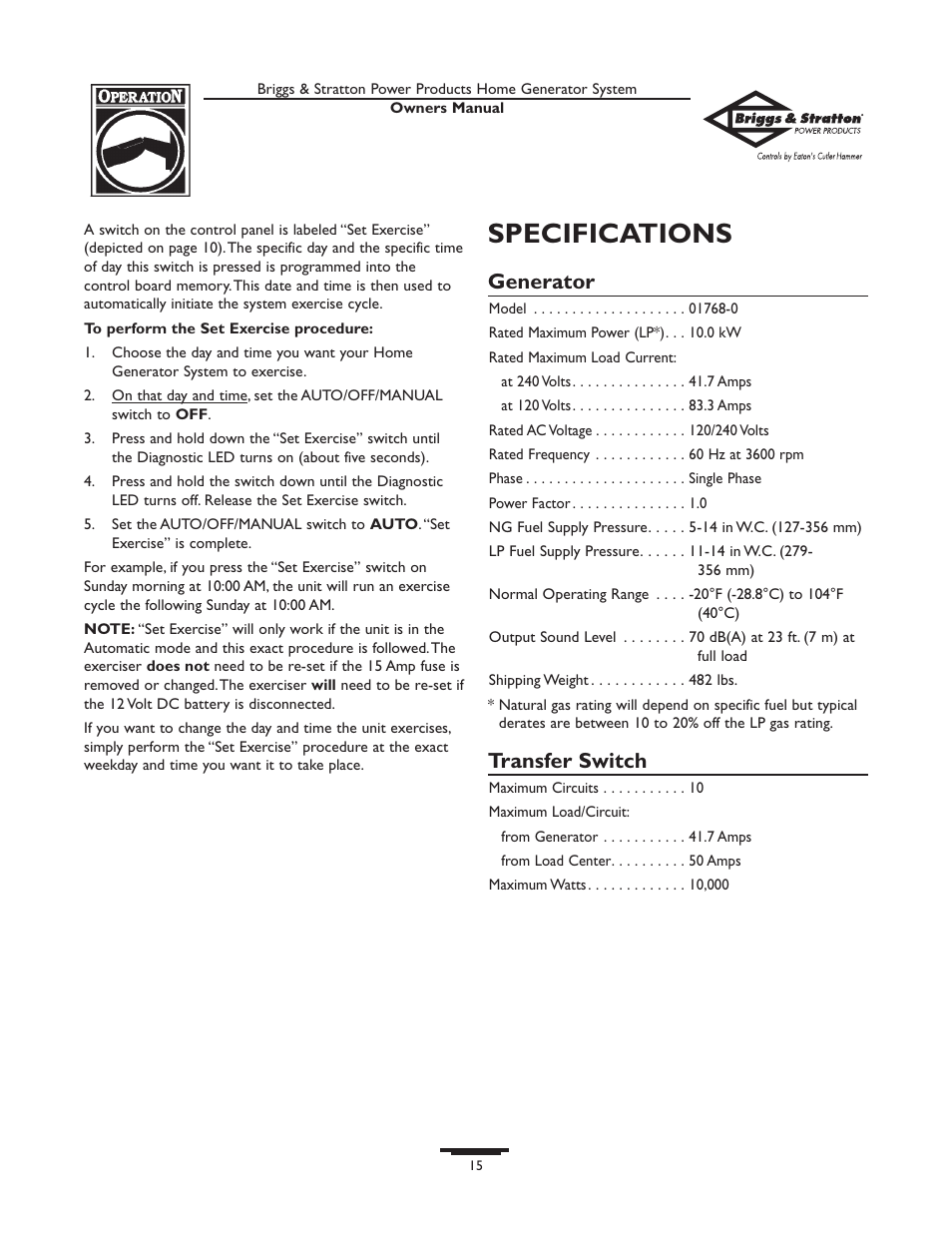 Maintenance, Reset fault detection system, Fault detection system | No blinks - ‚dead™ unit, Low battery voltage, Low oil pressure, Specifications, Generator, Transfer switch | Briggs & Stratton 10000  Rated Watts User Manual | Page 15 / 72