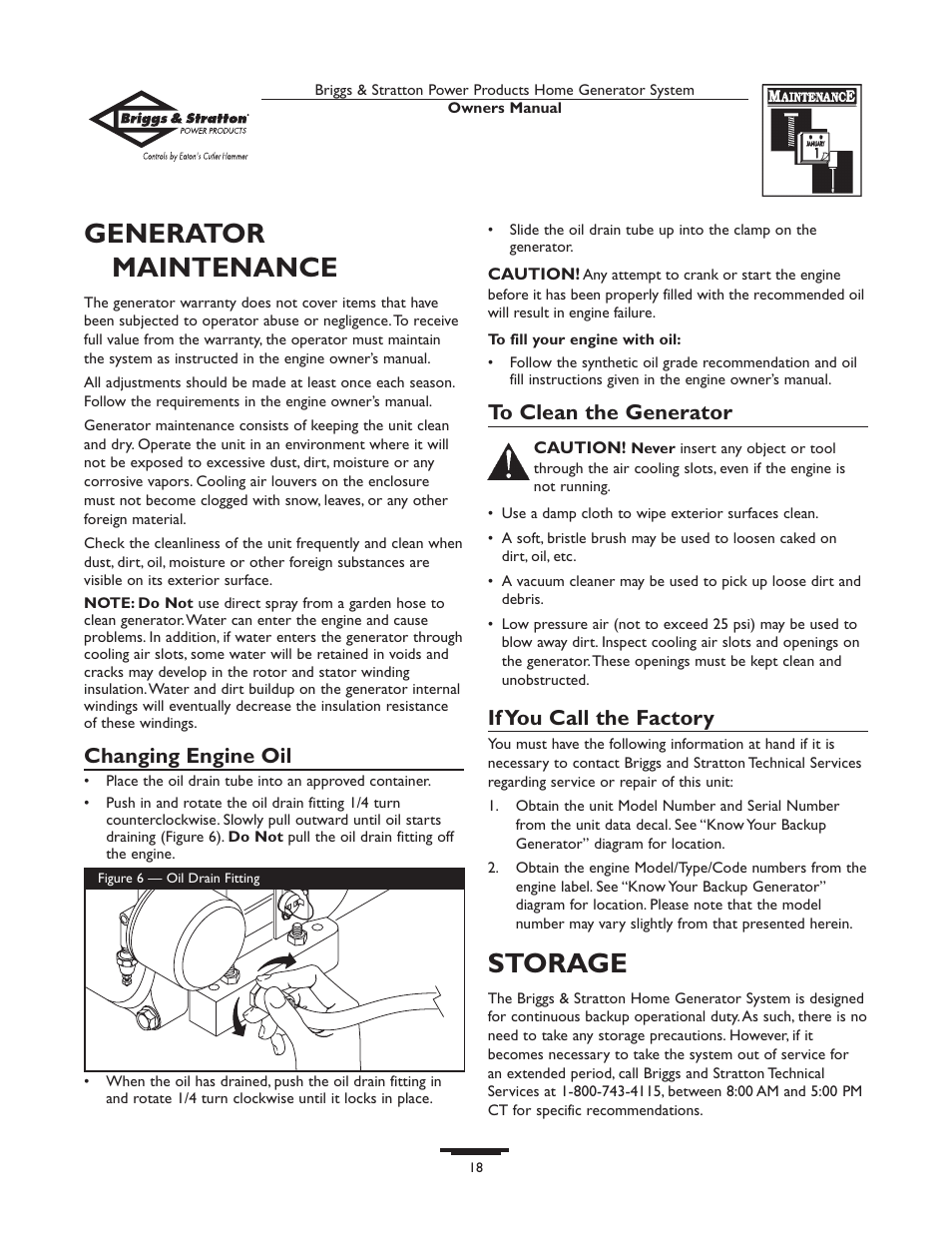 New list, Genera tor maintenance, Storage | Changing engine oil, If you call the factory | Briggs & Stratton 10000  Rated Watts User Manual | Page 18 / 72