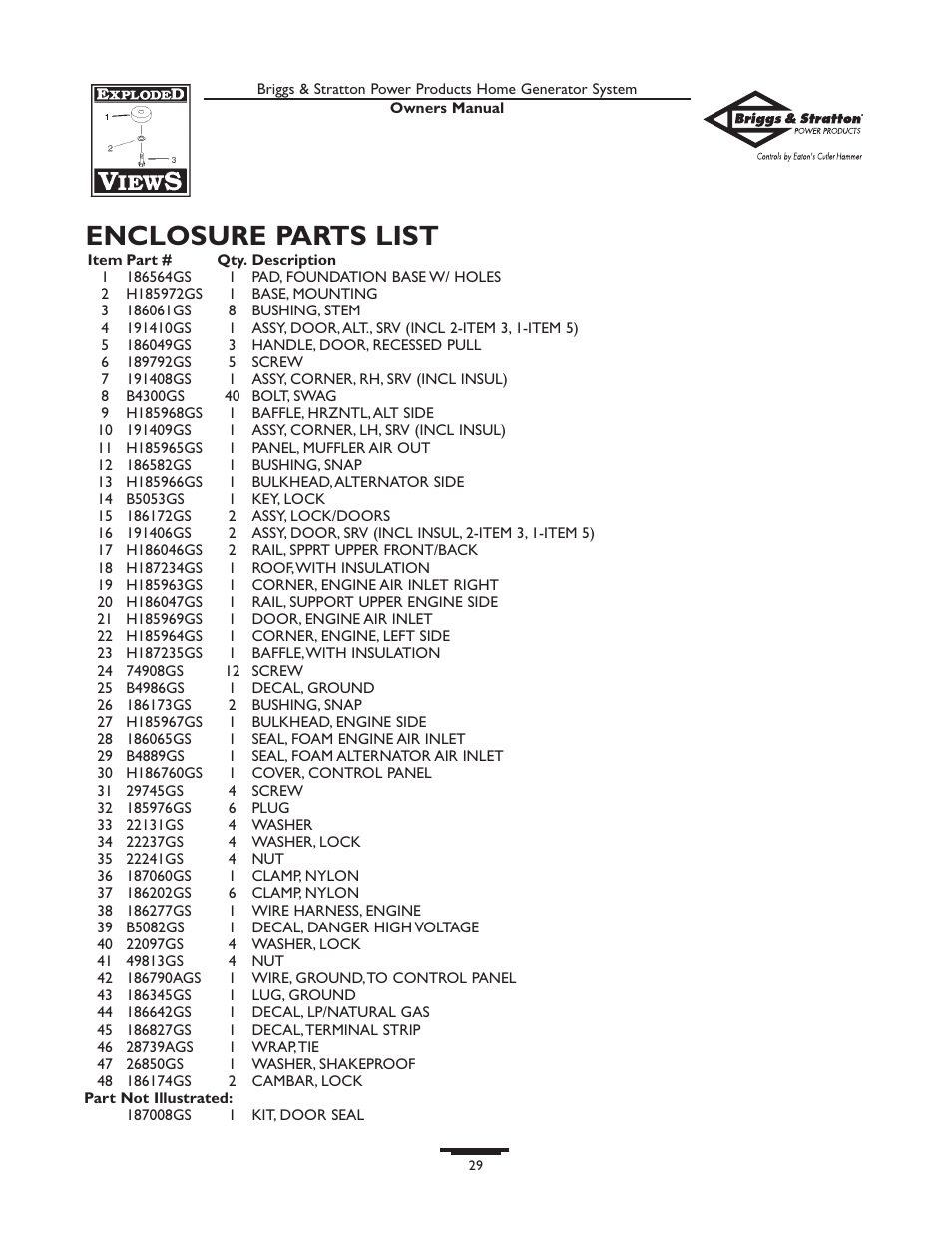 Enclosure parts list | Briggs & Stratton 10000  Rated Watts User Manual | Page 29 / 72