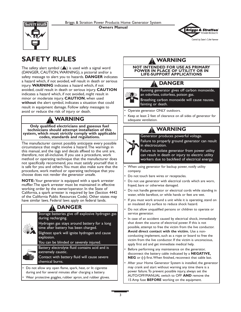 Safety rules, Safety rules -4, Danger | Warning | Briggs & Stratton 10000  Rated Watts User Manual | Page 3 / 72