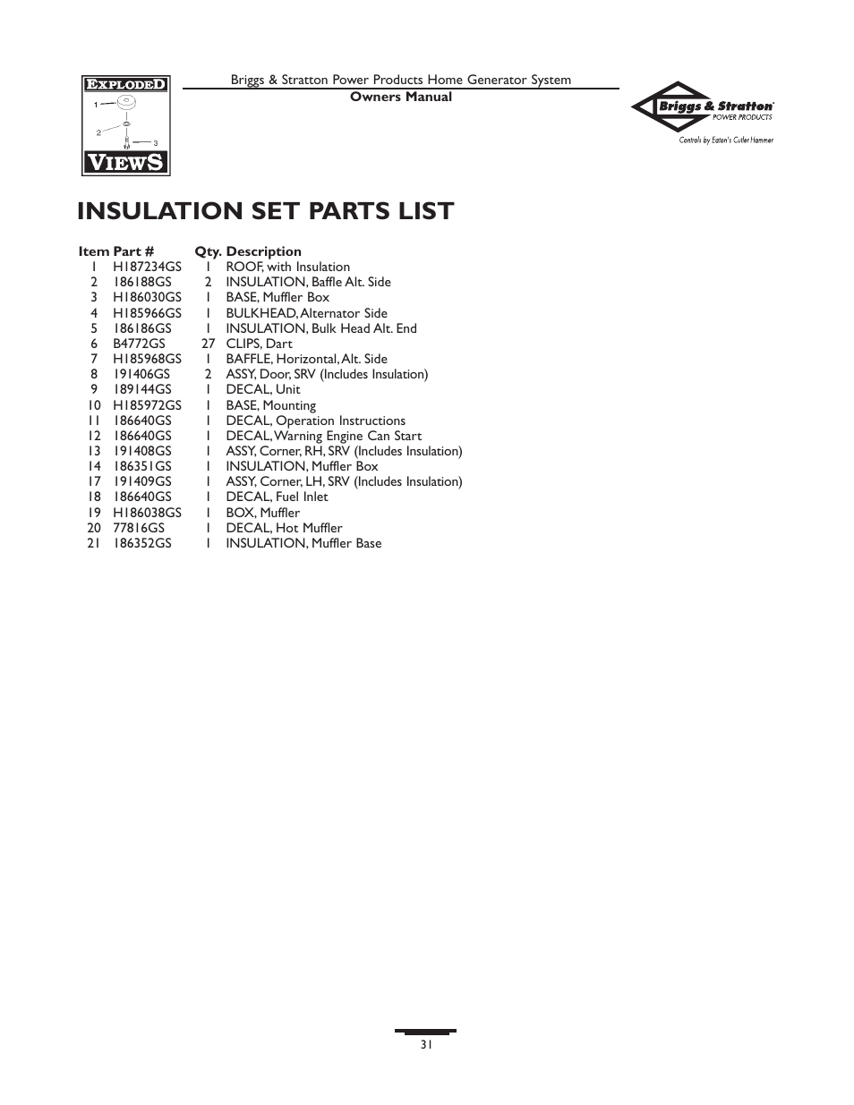 Insulation set parts list | Briggs & Stratton 10000  Rated Watts User Manual | Page 31 / 72