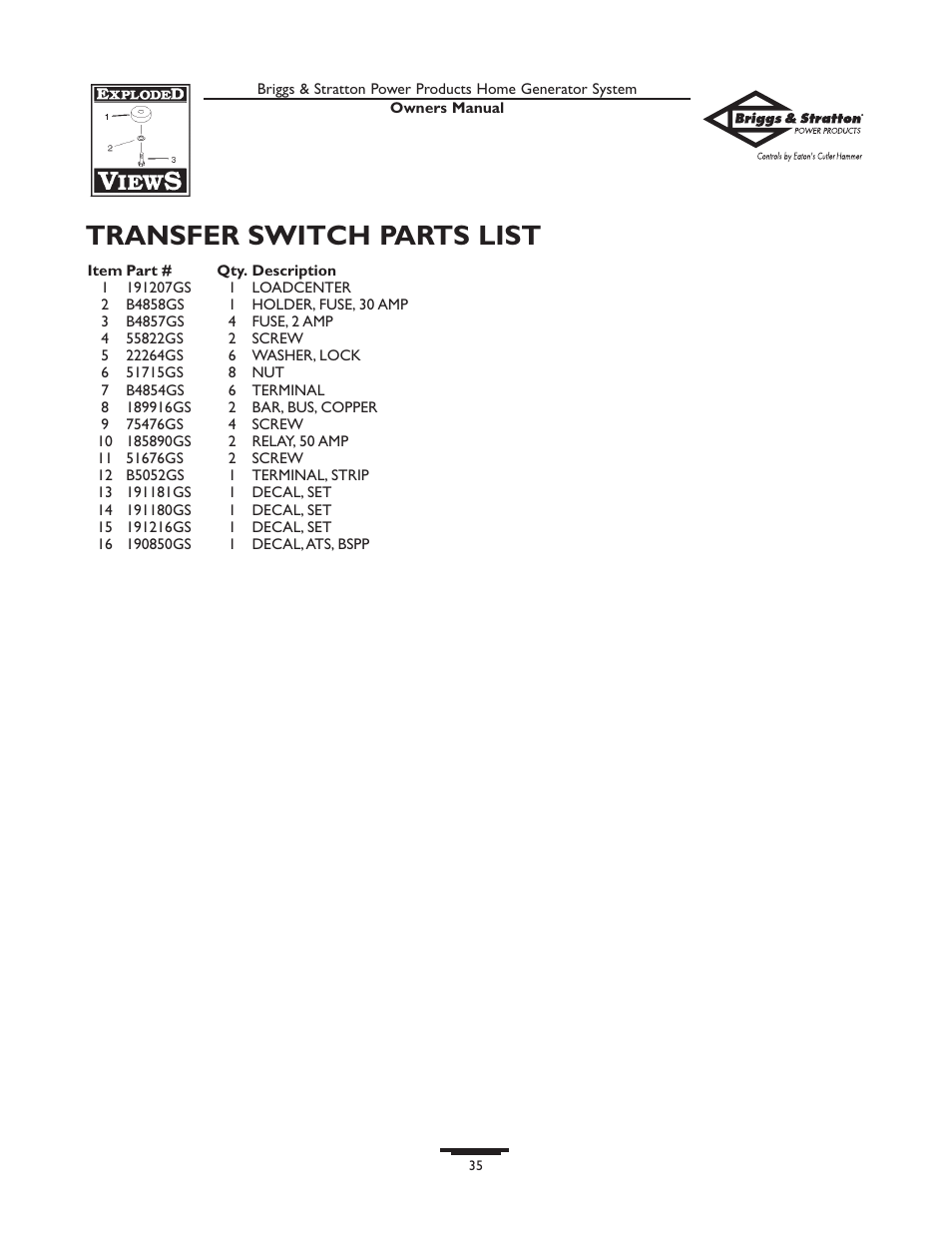 Transfer switch parts list | Briggs & Stratton 10000  Rated Watts User Manual | Page 35 / 72