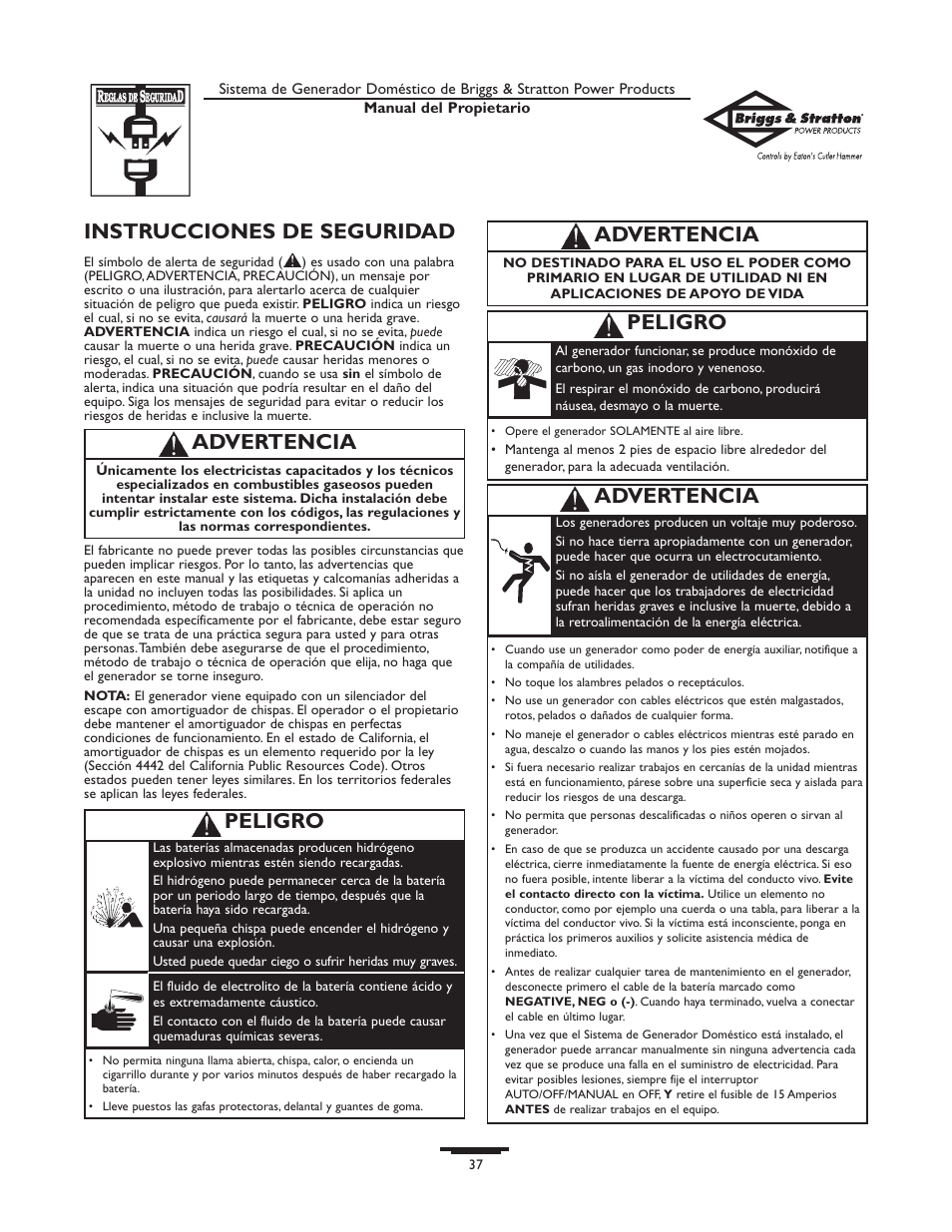 Instrucciones de seguridad, Advertencia, Peligro | Briggs & Stratton 10000  Rated Watts User Manual | Page 37 / 72