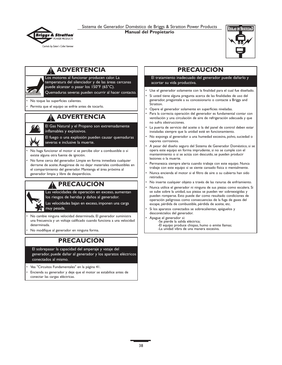 Advertencia, Precaución | Briggs & Stratton 10000  Rated Watts User Manual | Page 38 / 72