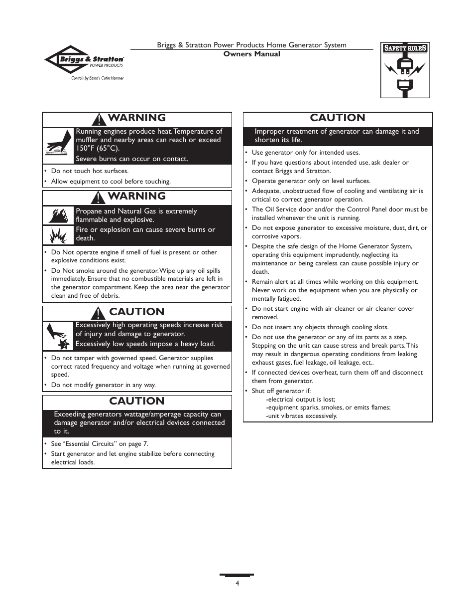 Caution, Warning | Briggs & Stratton 10000  Rated Watts User Manual | Page 4 / 72