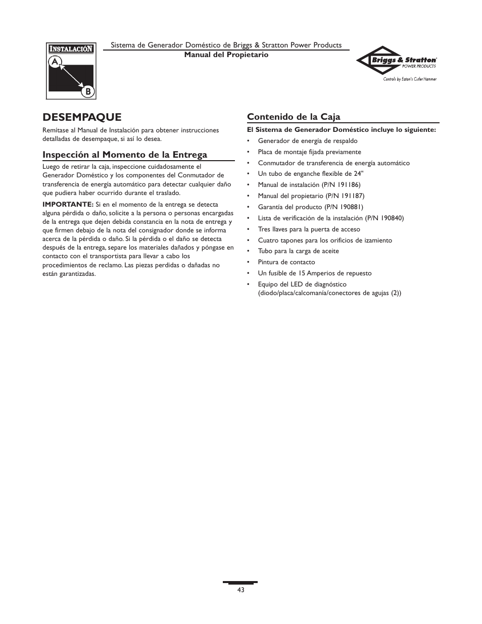 Briggs & Stratton 10000  Rated Watts User Manual | Page 43 / 72