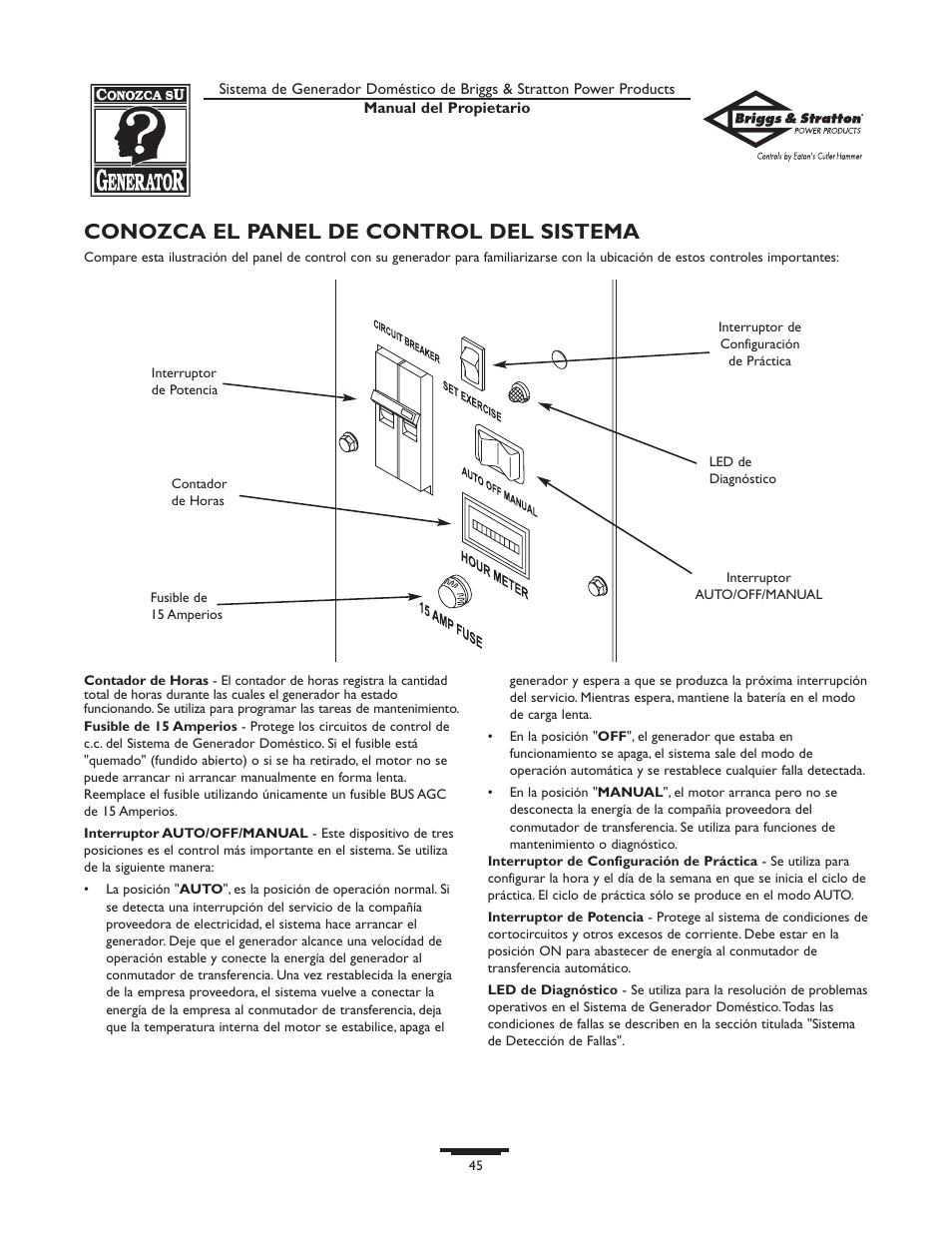 Conozca el panel de control del sistema | Briggs & Stratton 10000  Rated Watts User Manual | Page 45 / 72