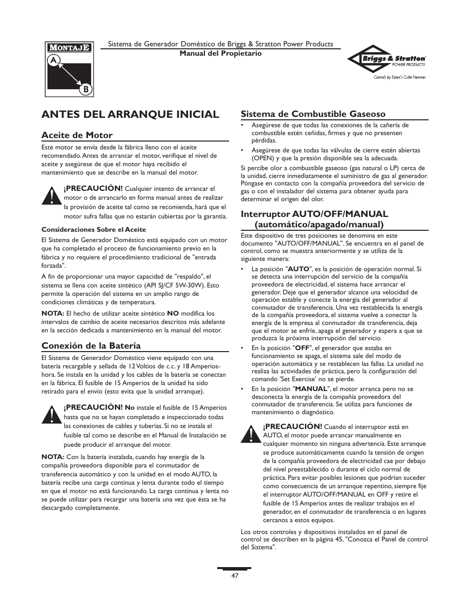 Antes del arranque inicial | Briggs & Stratton 10000  Rated Watts User Manual | Page 47 / 72