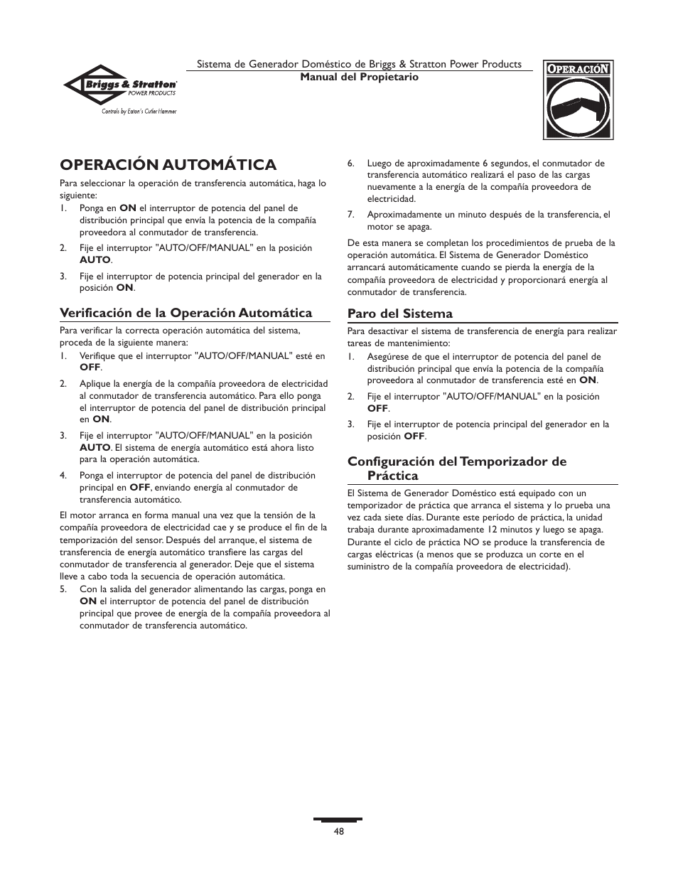 Operación automática | Briggs & Stratton 10000  Rated Watts User Manual | Page 48 / 72