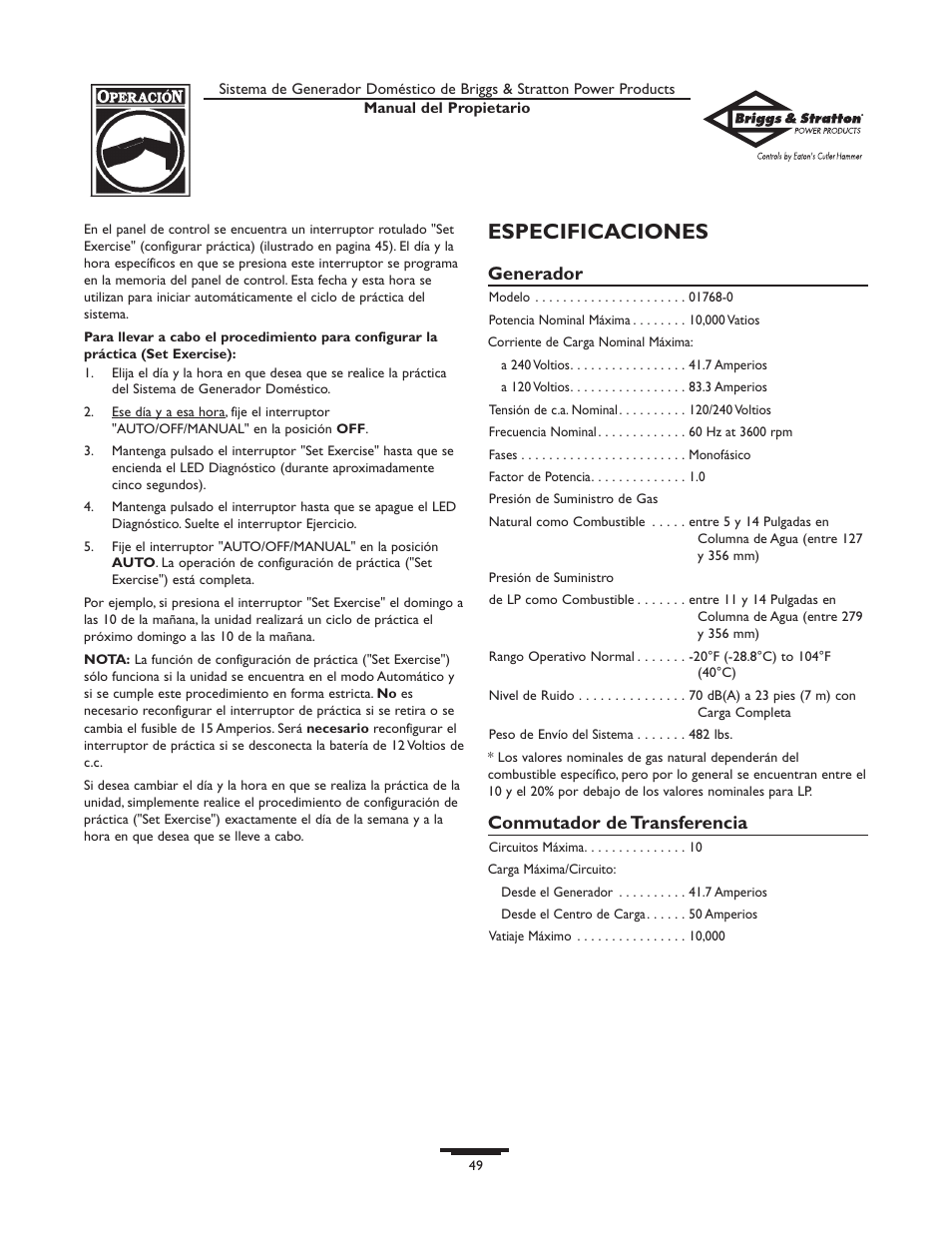 Especificaciones, Generador, Conmutador de transferencia | Briggs & Stratton 10000  Rated Watts User Manual | Page 49 / 72