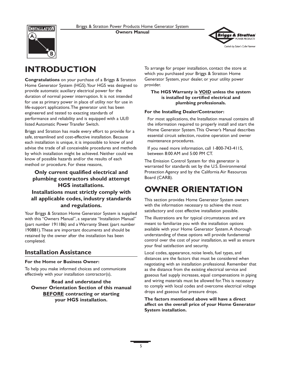 Power decrease at high altit, Introduction, Installation assistance | Owner orientation, Fuel factors | Briggs & Stratton 10000  Rated Watts User Manual | Page 5 / 72