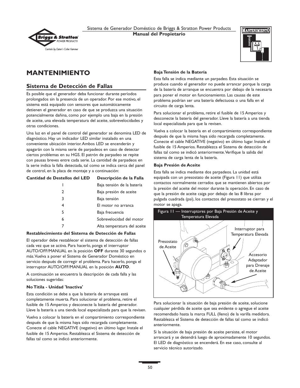 Mantenimiento, Sistema de detección de fallas | Briggs & Stratton 10000  Rated Watts User Manual | Page 50 / 72