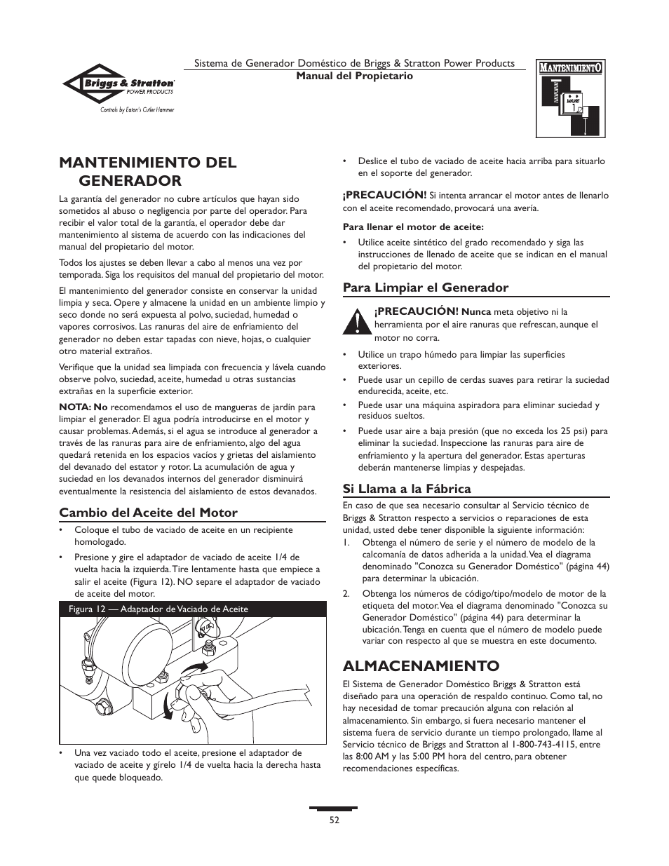 Mantenimiento del generador, Almacenamiento | Briggs & Stratton 10000  Rated Watts User Manual | Page 52 / 72