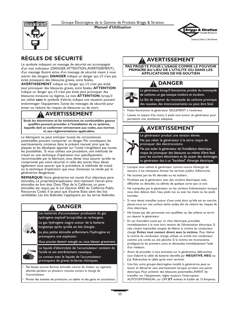 Règles de sécurité, Avertissement, Danger | Briggs & Stratton 10000  Rated Watts User Manual | Page 55 / 72