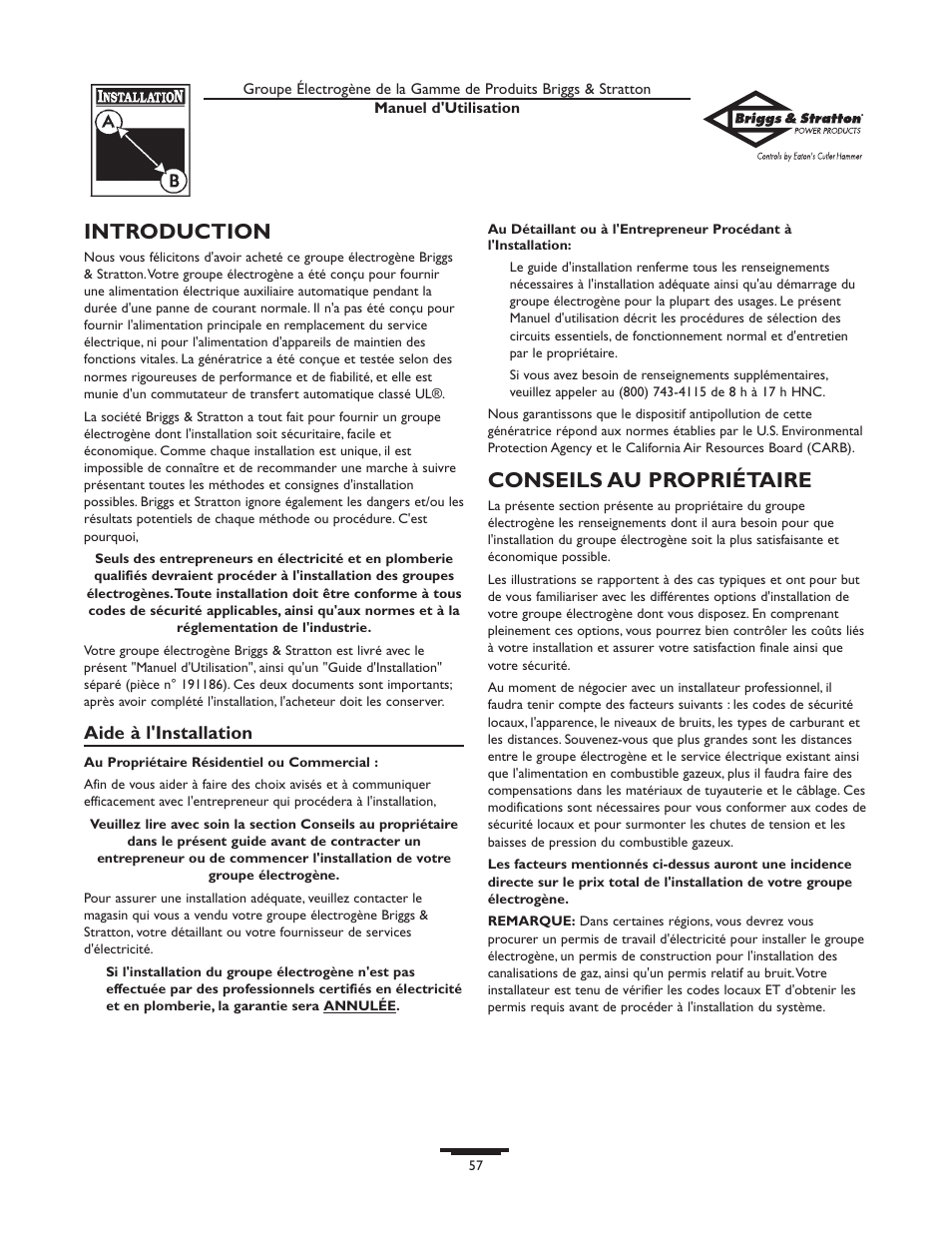 Introduction, Conseils au propriétaire | Briggs & Stratton 10000  Rated Watts User Manual | Page 57 / 72