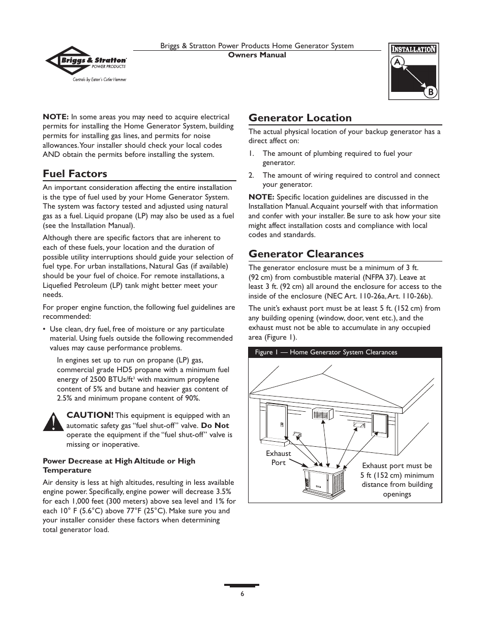 Fuel factors, Generator location, Generator clearances | Briggs & Stratton 10000  Rated Watts User Manual | Page 6 / 72