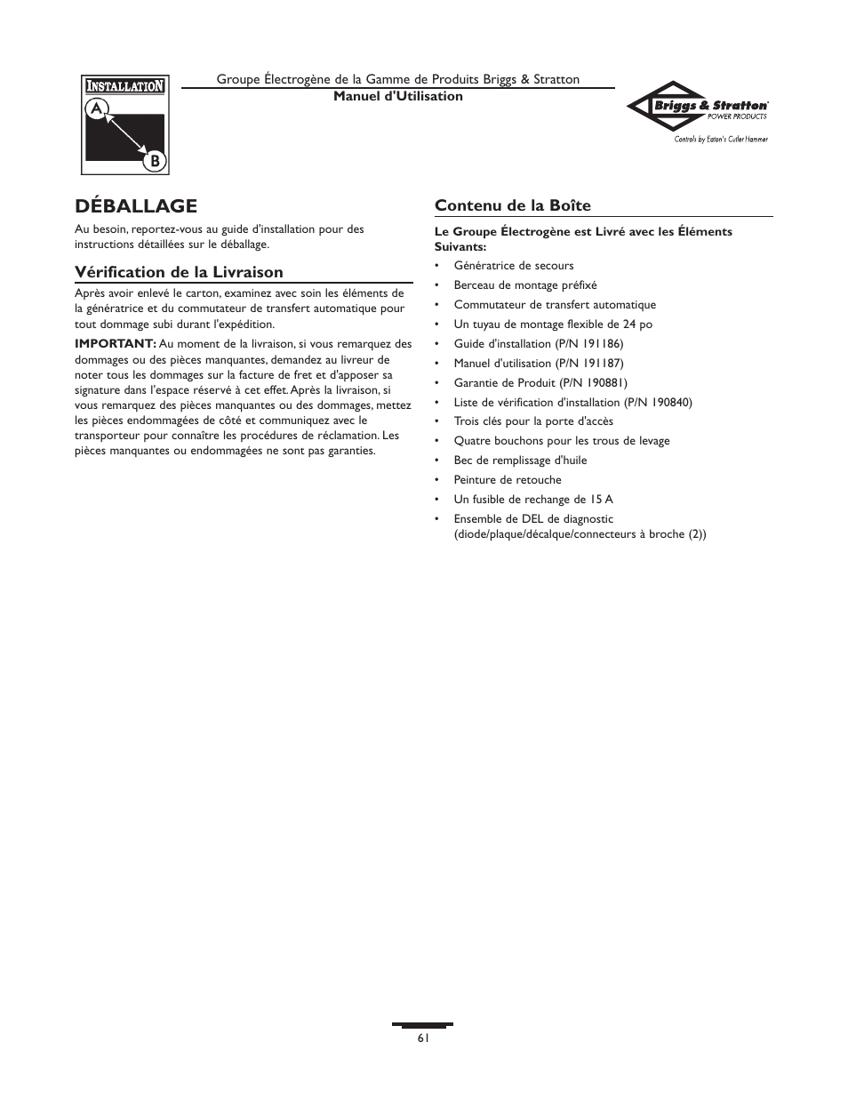 Déballage, Vérification de la livraison, Contenu de la boîte | Briggs & Stratton 10000  Rated Watts User Manual | Page 61 / 72