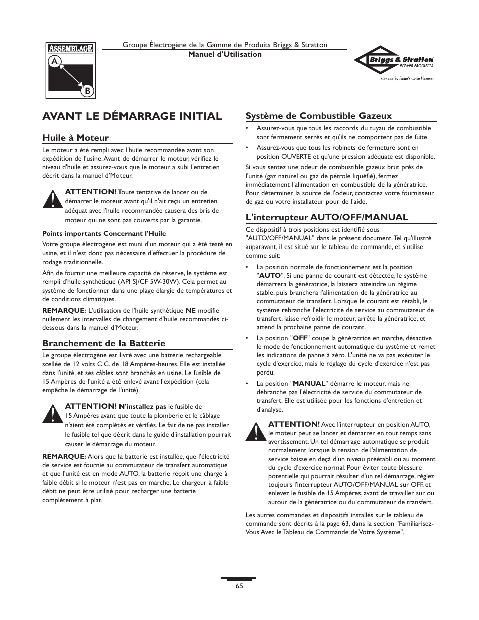 Avant le démarrage initial | Briggs & Stratton 10000  Rated Watts User Manual | Page 65 / 72