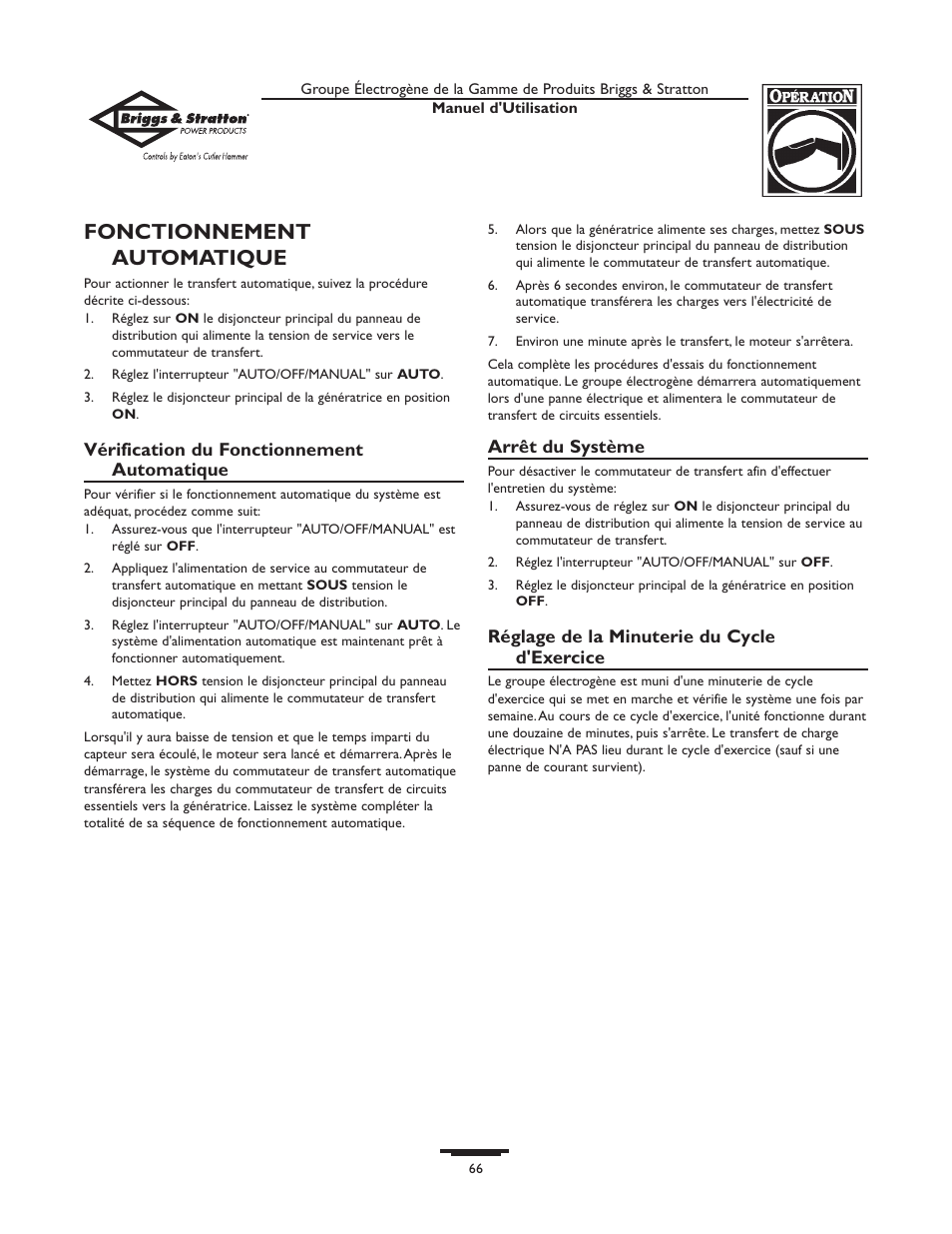Fonctionnement automatique | Briggs & Stratton 10000  Rated Watts User Manual | Page 66 / 72