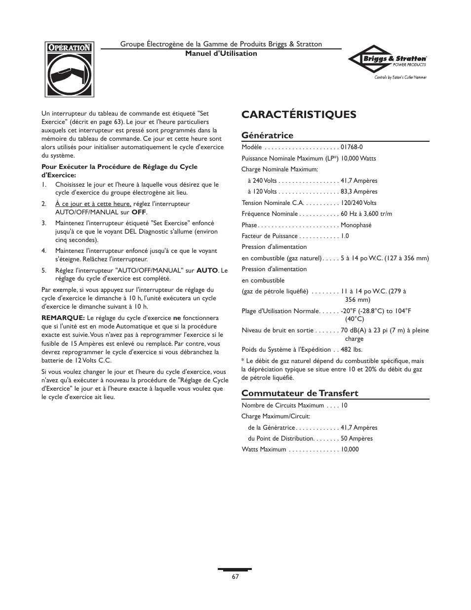 Caractéristiques, Génératrice, Commutateur de transfert | Briggs & Stratton 10000  Rated Watts User Manual | Page 67 / 72