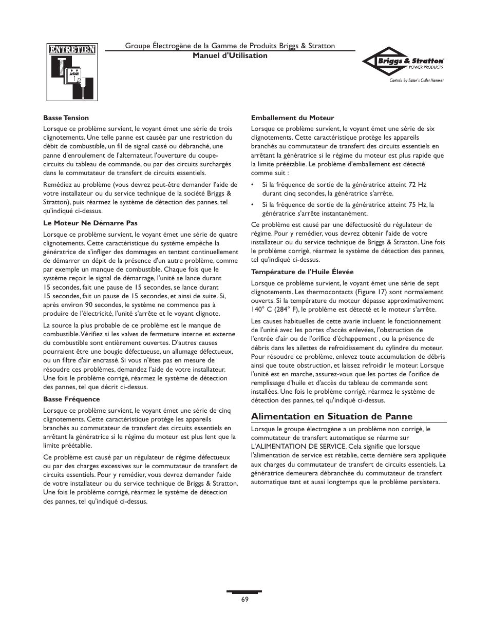 Alimentation en situation de panne | Briggs & Stratton 10000  Rated Watts User Manual | Page 69 / 72