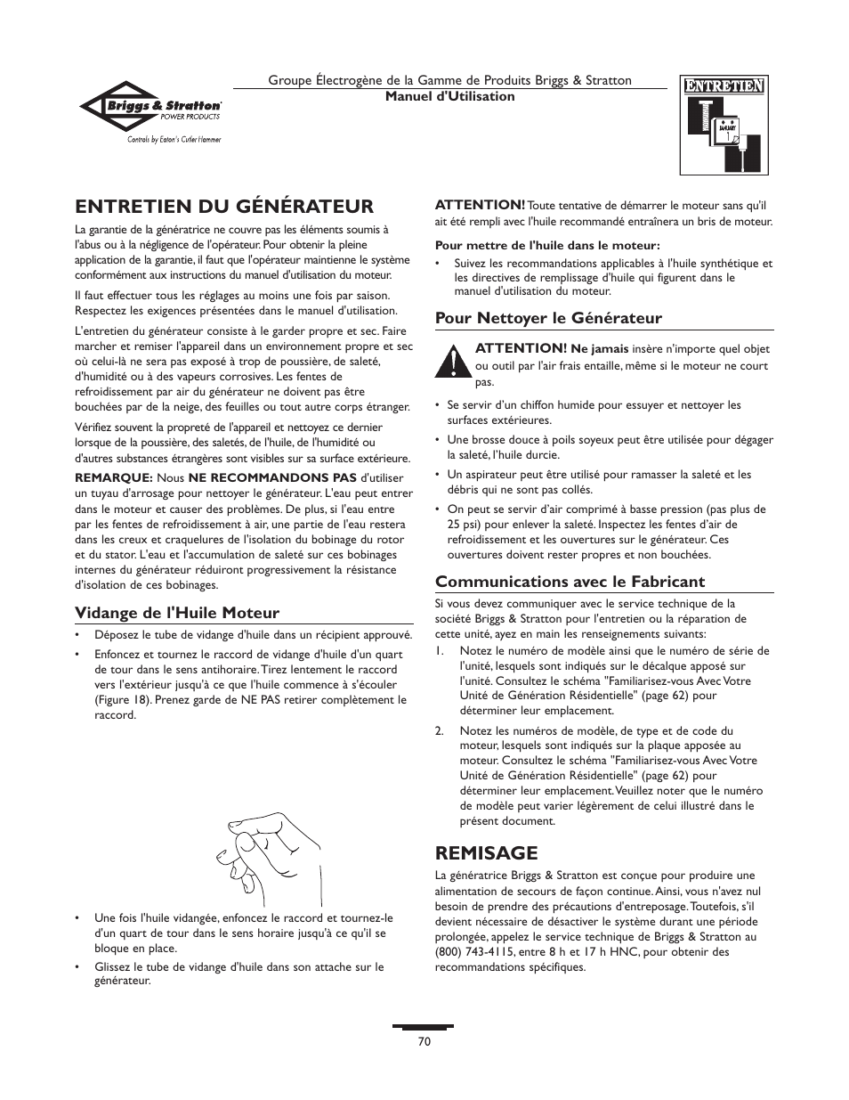 Entretien du générateur, Remisage | Briggs & Stratton 10000  Rated Watts User Manual | Page 70 / 72