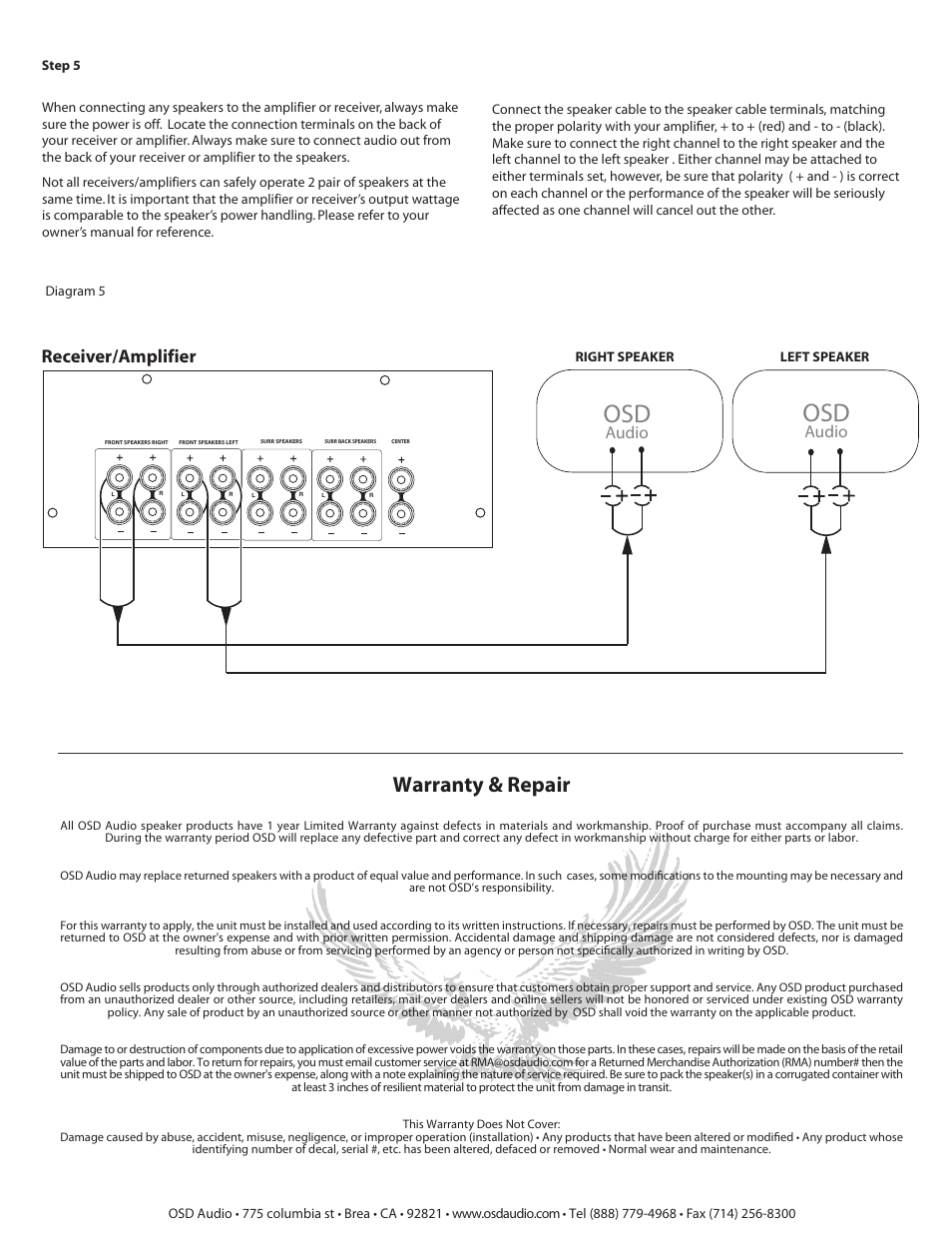 Warranty & repair, Receiver/amplifier, Audio | OSD Audio RSUB300 User Manual | Page 3 / 5