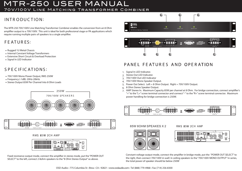 OSD Audio MTR-250 User Manual | 1 page