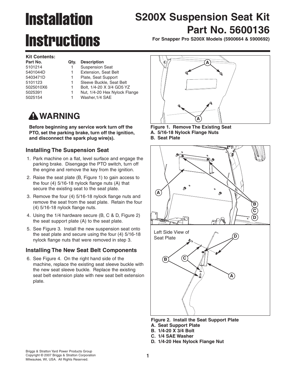 Briggs & Stratton S200X User Manual | 2 pages