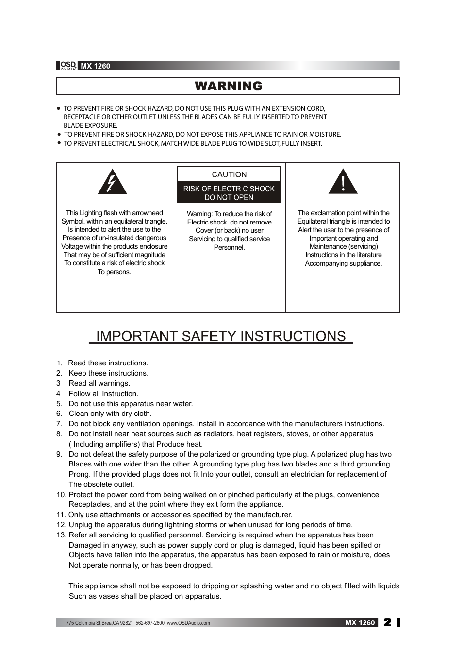 OSD Audio MX-1260 User Manual | Page 2 / 5