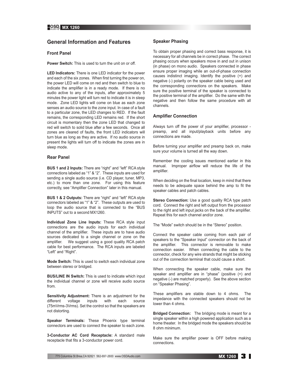 General information and features | OSD Audio MX-1260 User Manual | Page 3 / 5