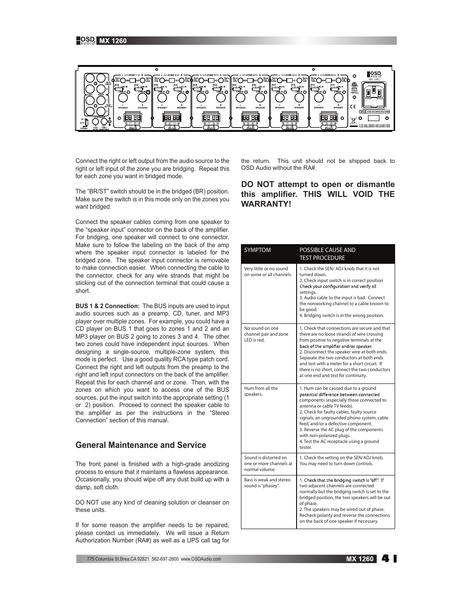 General maintenance and service | OSD Audio MX-1260 User Manual | Page 4 / 5