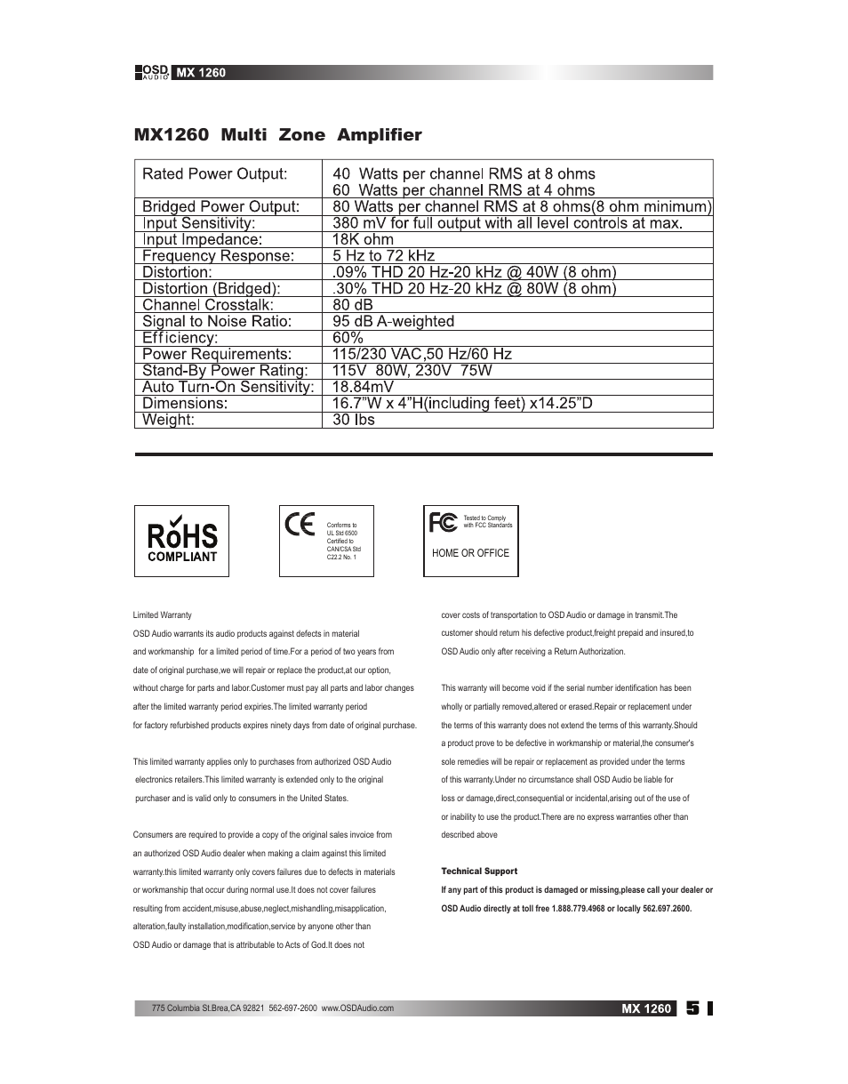 Mx1260 multi zone amplifier | OSD Audio MX-1260 User Manual | Page 5 / 5