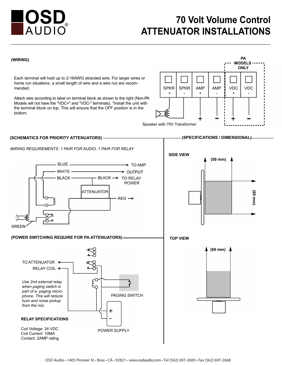 OSD Audio MONO70V User Manual | 1 page