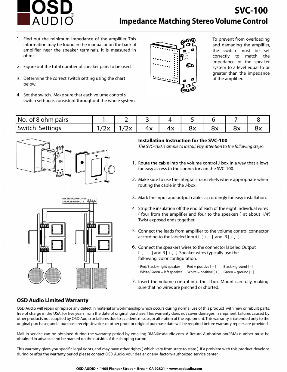 OSD Audio SVC100 User Manual | 1 page