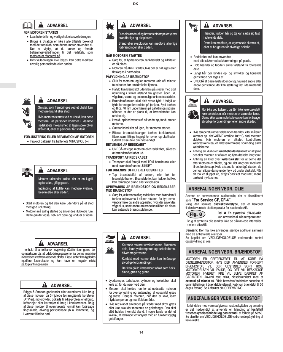 Anbefalinger vedr. olie, Anbefalinger vedr. brændstof, Advarsel | Briggs & Stratton 582447 User Manual | Page 16 / 76