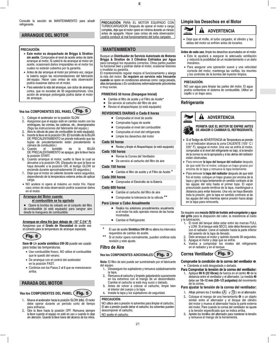 Arranque del motor, Parada del motor, Mantenimiento | Filtro de aire, Limpie los desechos en el motor, Refrigerante, Correa ventilador, Advertencia | Briggs & Stratton 582447 User Manual | Page 23 / 76