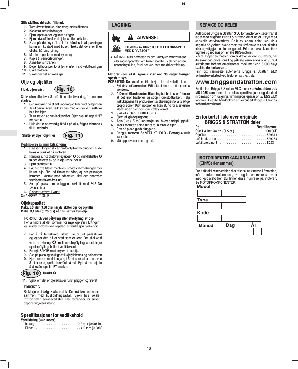 Olje og oljefilter, Spesifikasjoner for vedlikehold, Lagring | Advarsel | Briggs & Stratton 582447 User Manual | Page 48 / 76