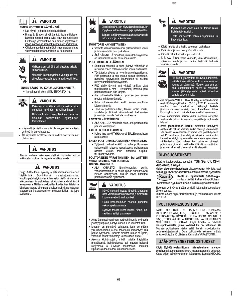 Öljysuositukset, Polttoainesuositukset, Jäähdytysnestesuositukset | Varoitus | Briggs & Stratton 582447 User Manual | Page 70 / 76