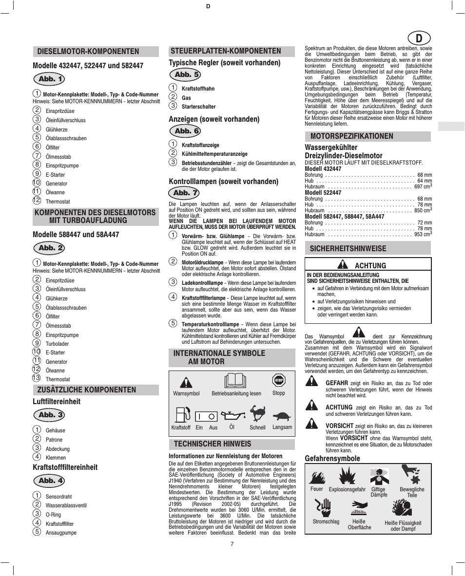 Zusätzliche komponenten luftfiltereinheit, Kraftstofffiltereinheit, Anzeigen (soweit vorhanden) | Kontrolllampen (soweit vorhanden), Internationale symbole am motor, Technischer hinweis, Sicherheitshinweise, Gefahrensymbole | Briggs & Stratton 582447 User Manual | Page 9 / 76