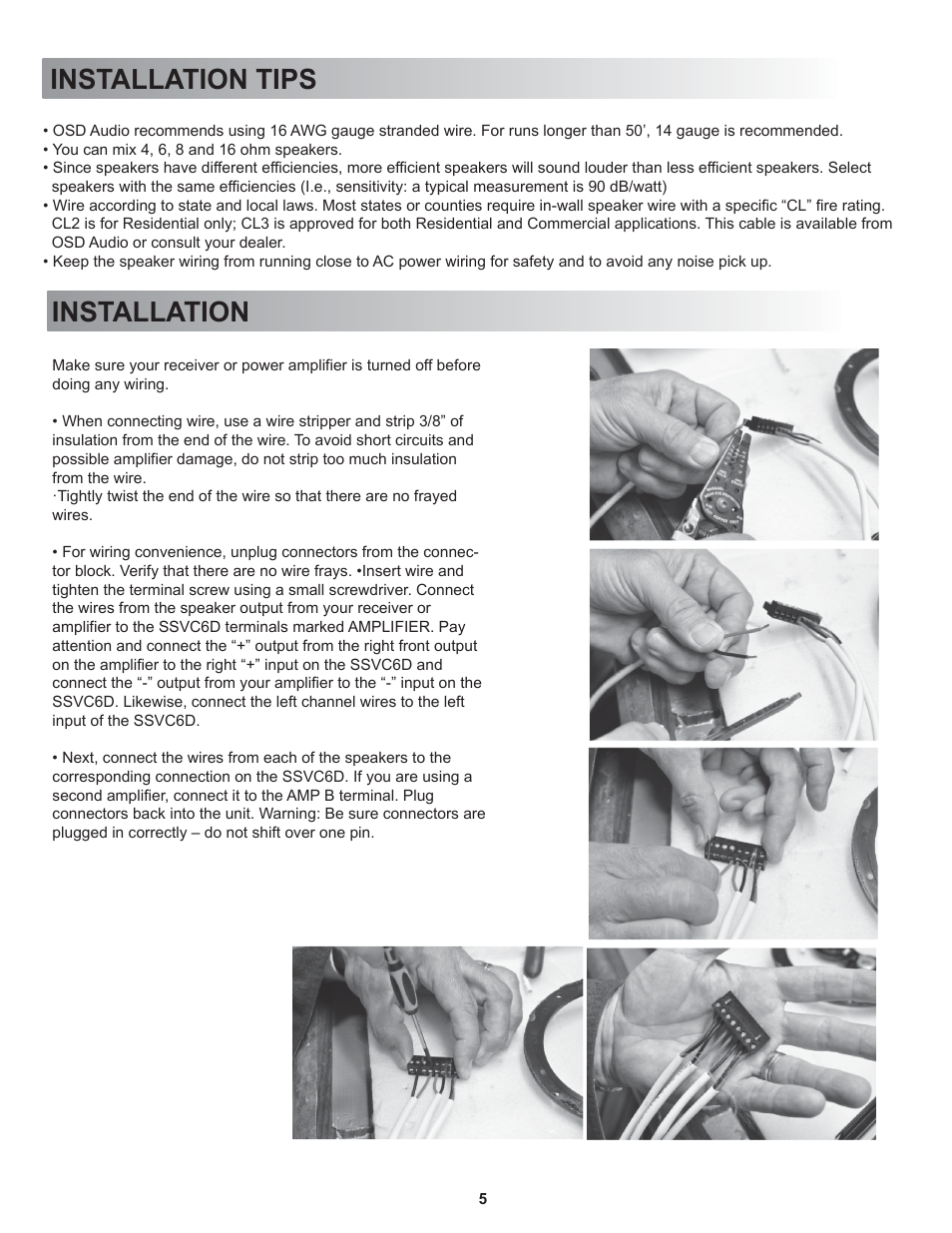 Installation tips, Installation | OSD Audio SSVC6D User Manual | Page 5 / 6