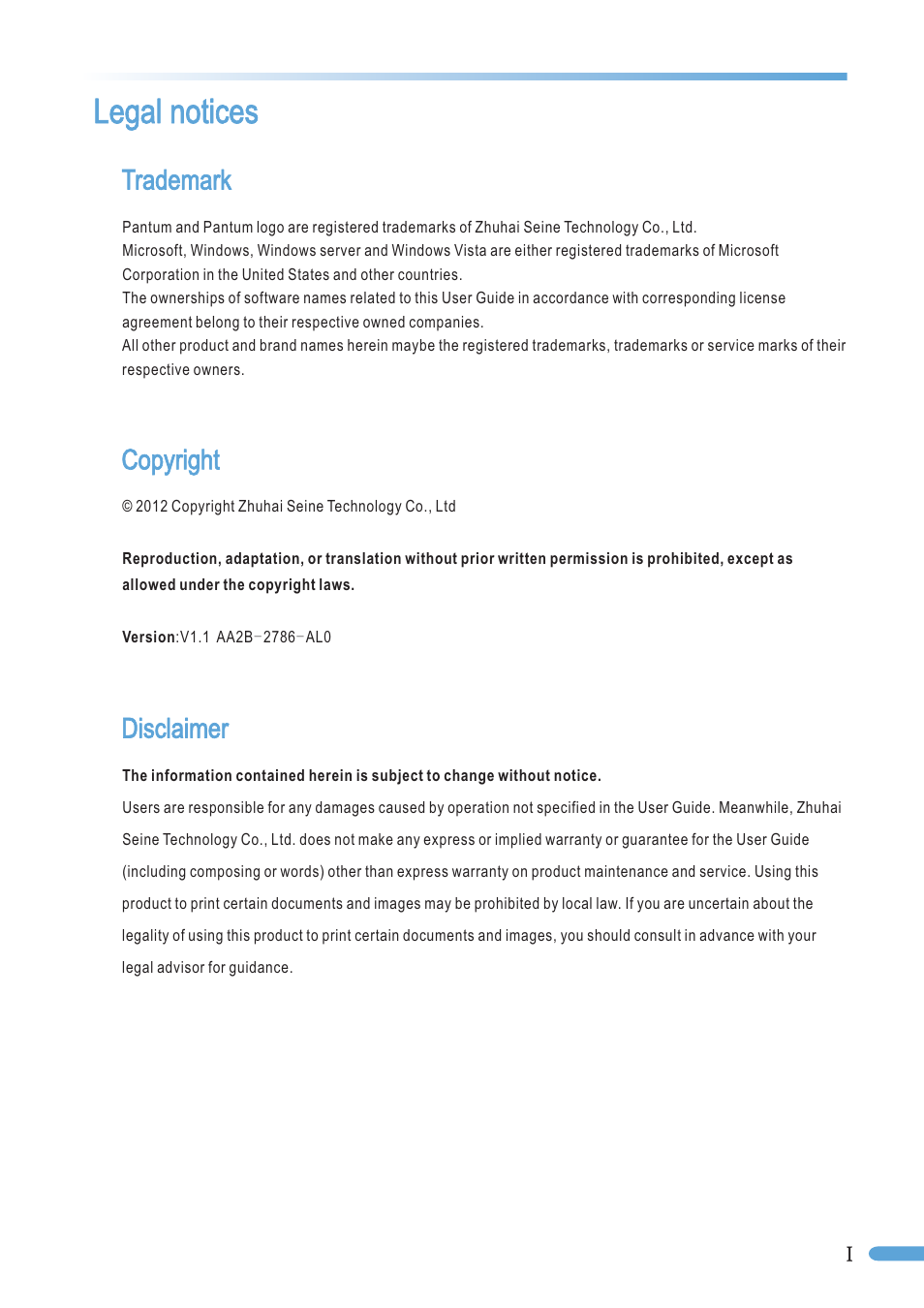 Legal notices, Trademark, Copyright | Disclaimer | Pantum P2050 User Manual | Page 2 / 61