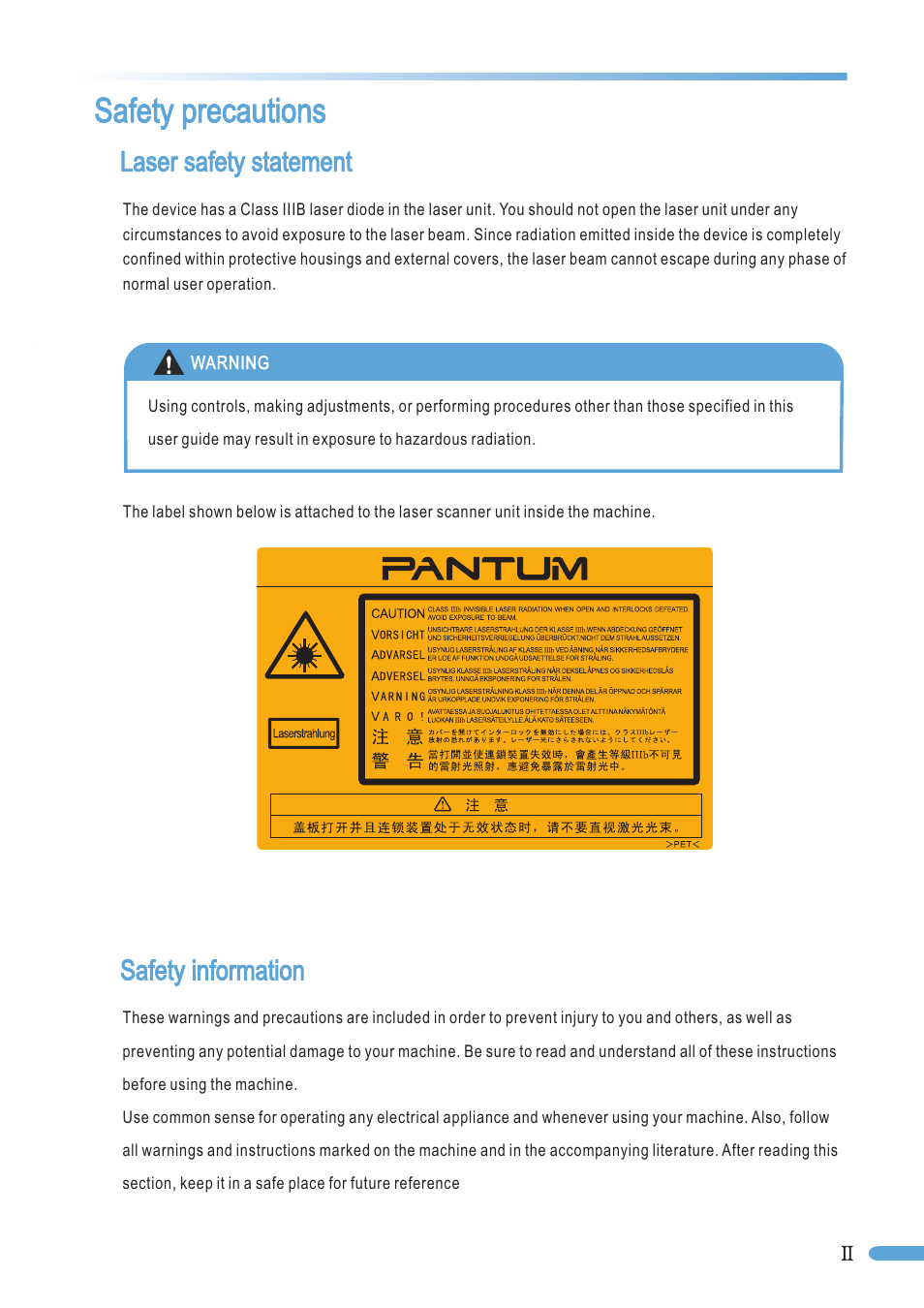 Safety precautions, Laser safety statement safety information | Pantum P2050 User Manual | Page 3 / 61