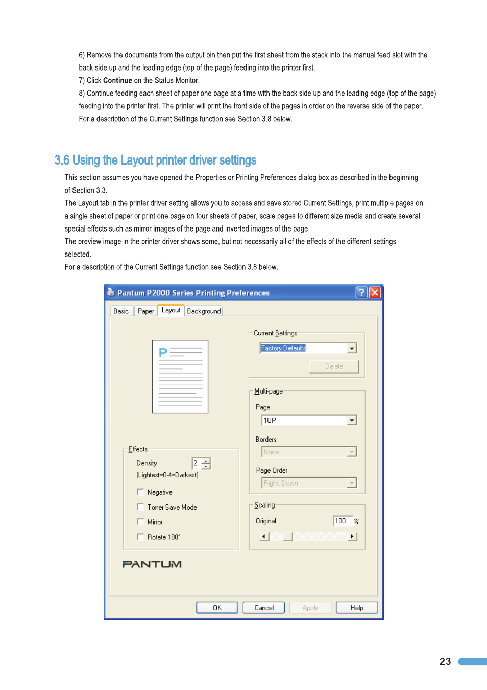 6 using the layout printer driver settings, Using the layout printer driver settings | Pantum P2050 User Manual | Page 30 / 61