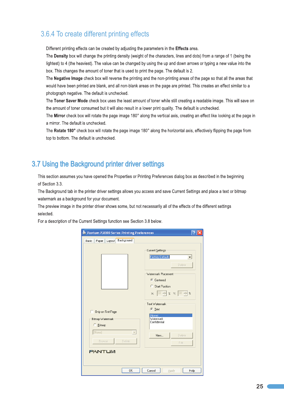 4 to create different printing effects, 7 using the background printer driver settings, To create different printing effects | Using the background printer driver settings | Pantum P2050 User Manual | Page 32 / 61