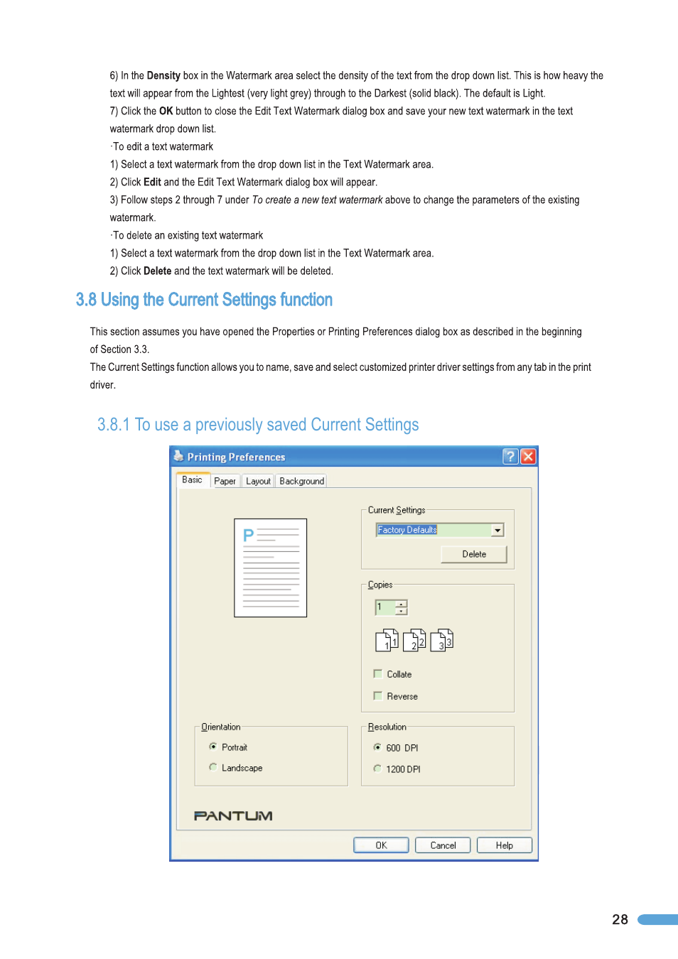 8 using the current settings function, 1 to use a previously saved current settings, Using the current settings function | To use a previously saved current settings | Pantum P2050 User Manual | Page 35 / 61