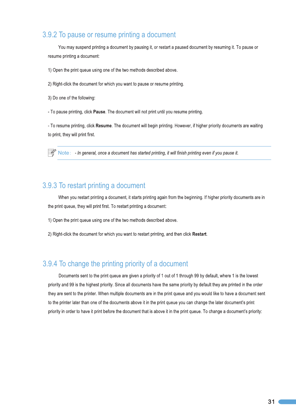 2 to pause or resume printing a document, 3 to restart printing a document, 4 to change the printing priority of a document | To pause or resume printing a document, To restart printing a document, To change the printing priority of a document | Pantum P2050 User Manual | Page 38 / 61